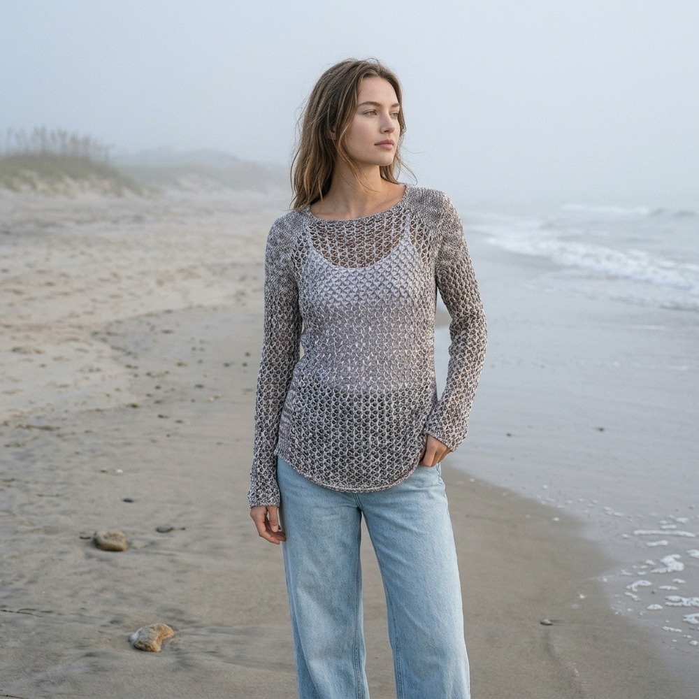 Tommy Bahama Womens Marled Brown White Open Knit Mesh Sweater Scoop Neck M